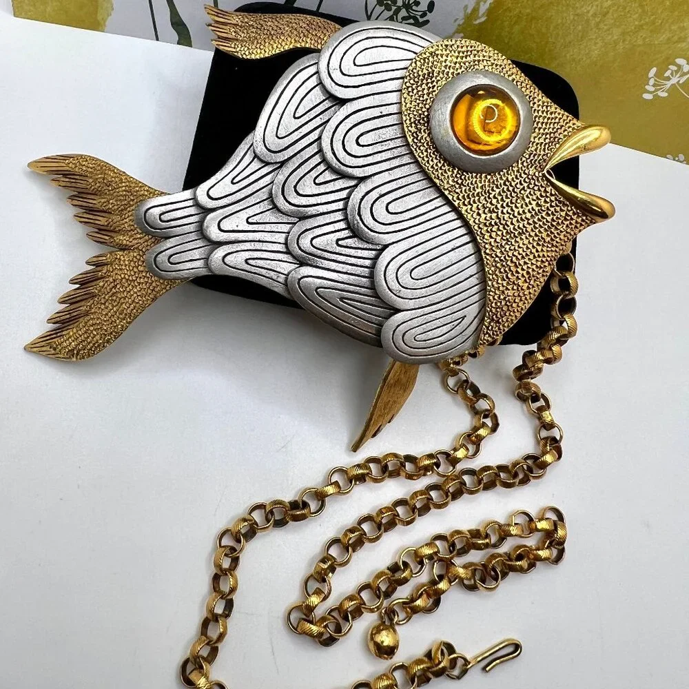 Two Tone Articulated Large Fish Necklace - Picture 4 of 6
